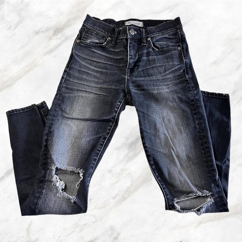 Madewell jeans high riser skinny black wash distressed jeans